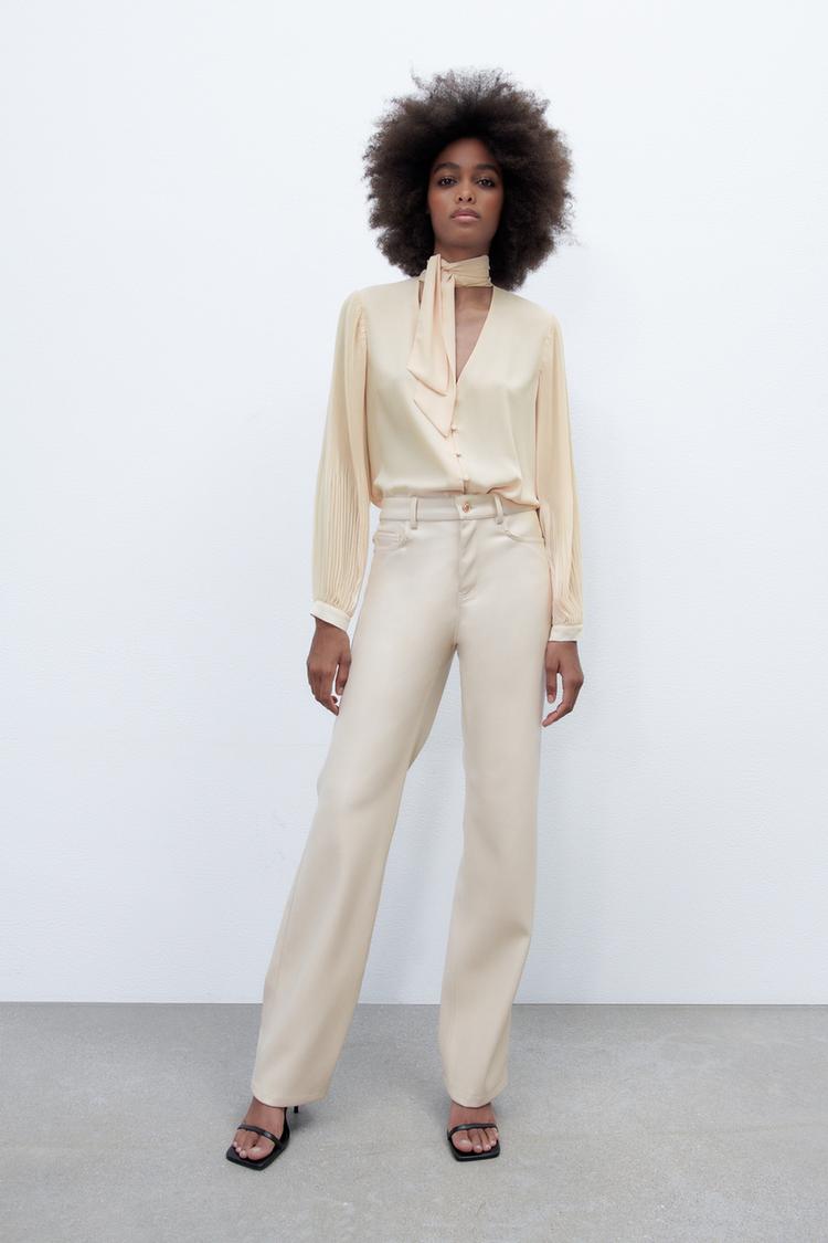 FAUX LEATHER STRAIGHT TROUSERS Ecru ZARA Spain